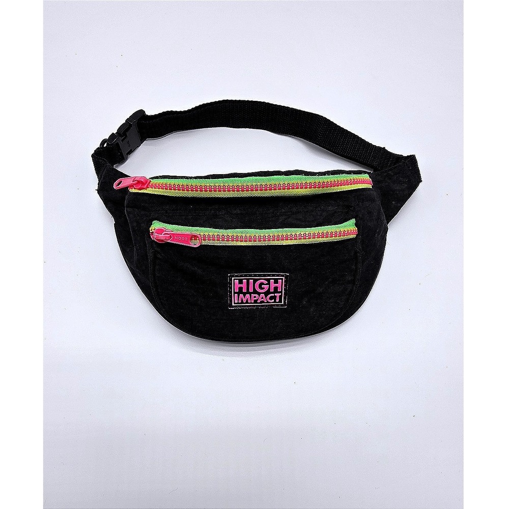 Vintage Retro High Impact Black Fanny Pack Belt Bag Neon Trim Zipper‎ Pockets